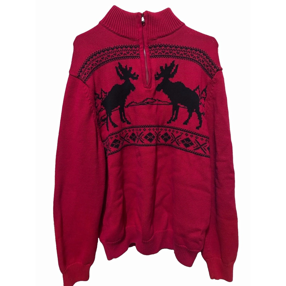 Chaps Men's XL Red/Black Knit 1/4 Zip Mock Neck Moose Pullover Sweater